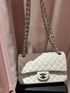 Chanel Medium Classic Flap White Lambskin Silver